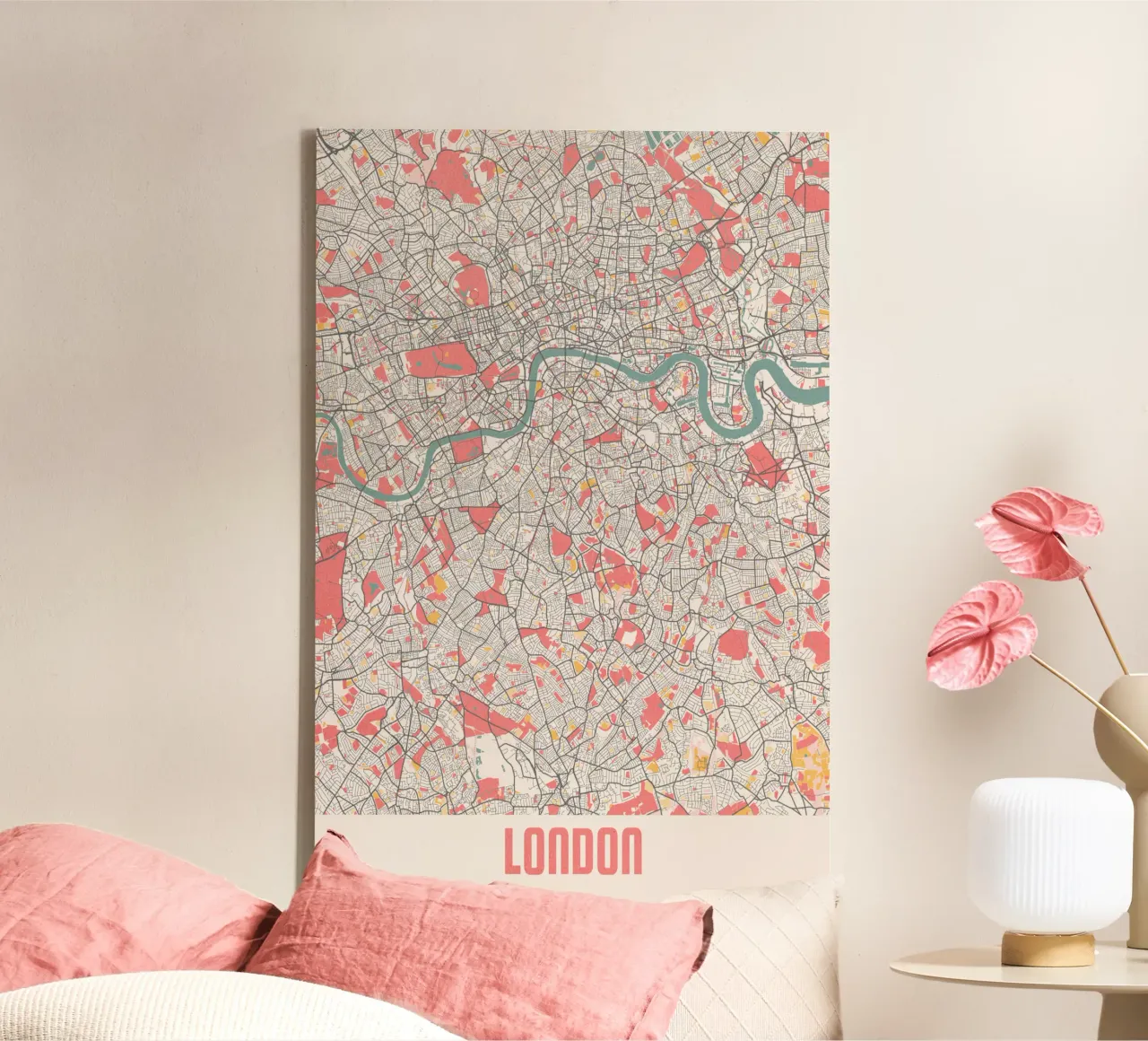 Ontdek Londen - Stijlvolle stadsplattegrond als fine art print canvas met Baklijst van MOOODZART