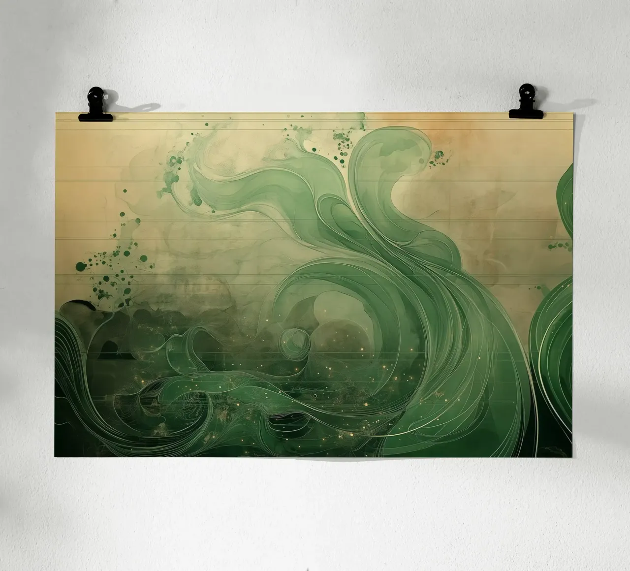 Abstract green wave poster with wooden frame by Little Things