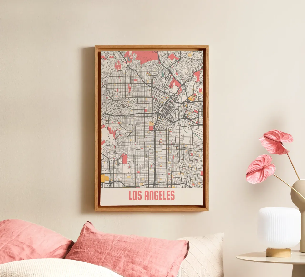 Beleef Los Angeles - Moderne stadsplattegrond als fine art print canvas met Baklijst van MOOODZART