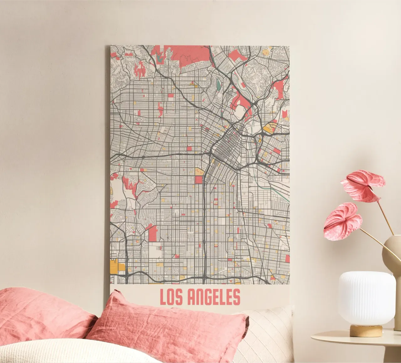 Beleef Los Angeles - Moderne stadsplattegrond als fine art print canvas met Baklijst van MOOODZART