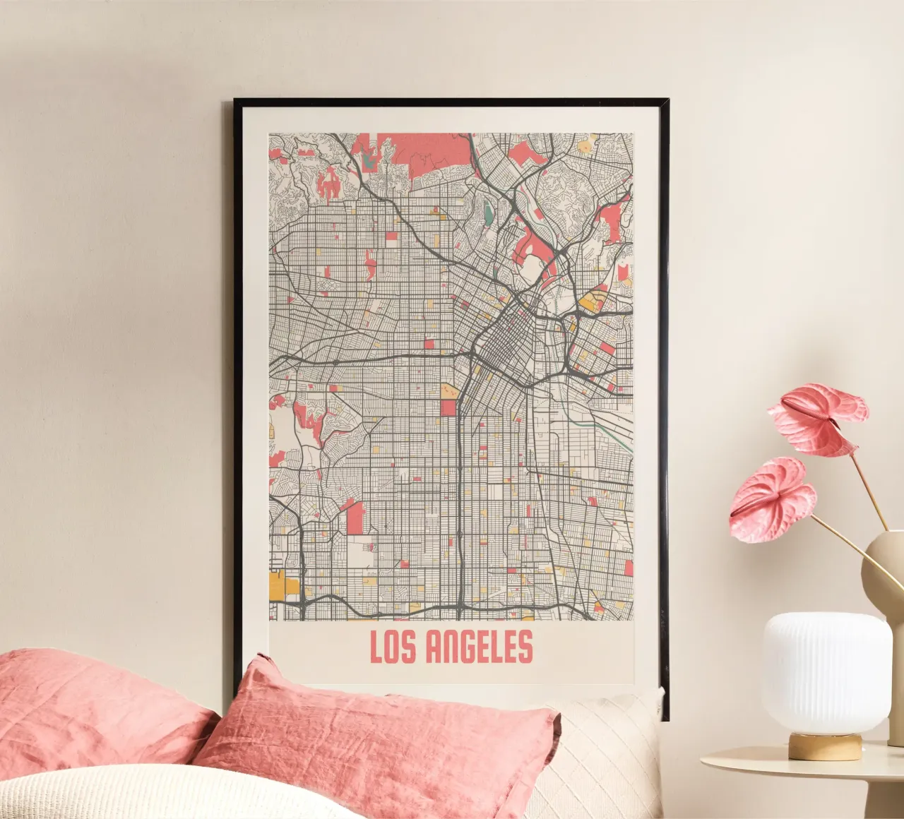 Beleef Los Angeles - Moderne stadsplattegrond als fine art print poster met houten frame van MOOODZART