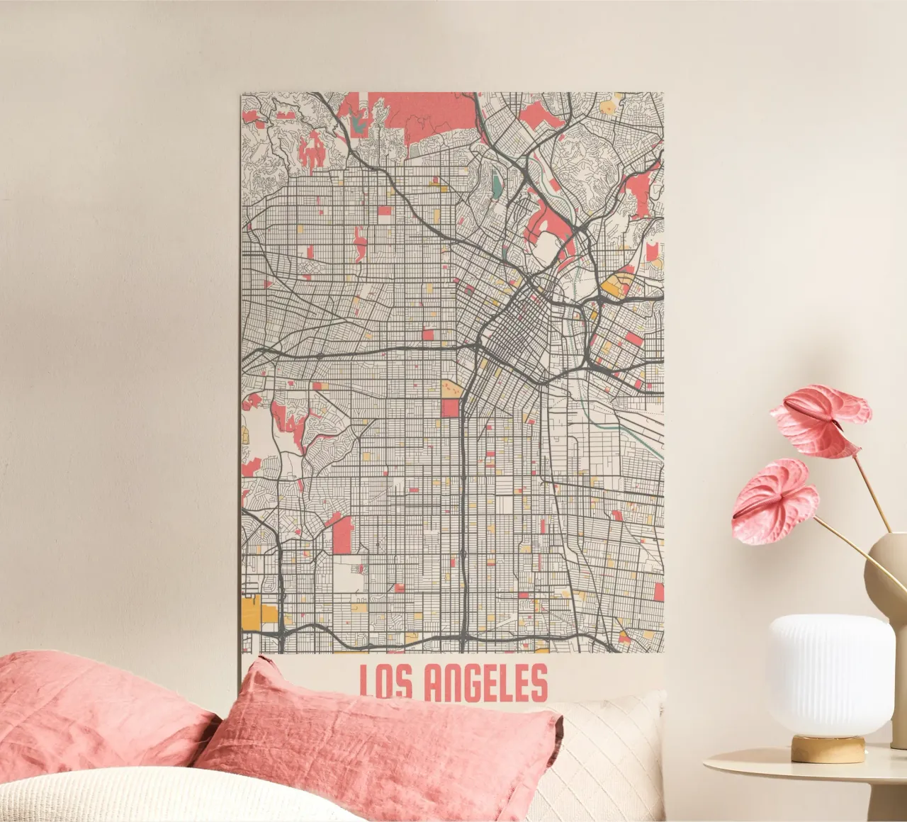 Beleef Los Angeles - Moderne stadsplattegrond als fine art print poster met houten frame van MOOODZART