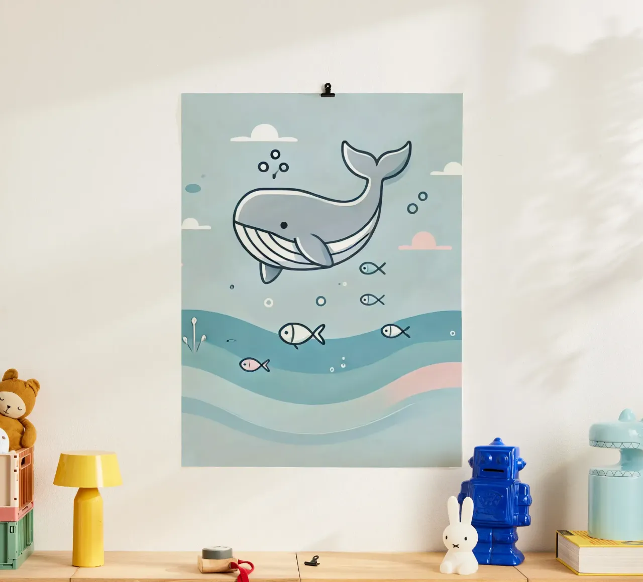 Balena giocosa sott'acqua poster con telaio in plastica da Alegria Fantasia