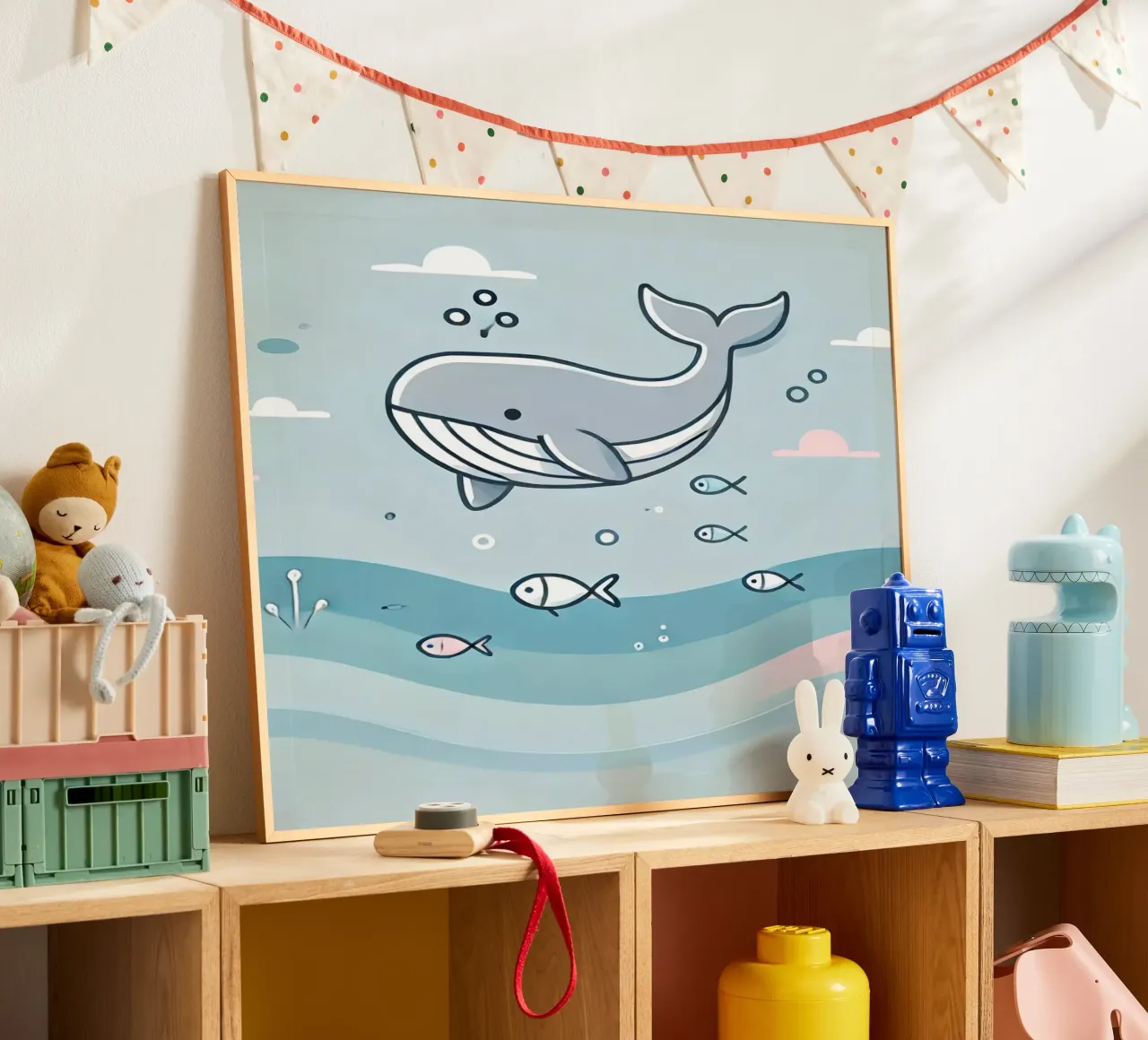 Balena giocosa sott'acqua poster con telaio in plastica da Alegria Fantasia