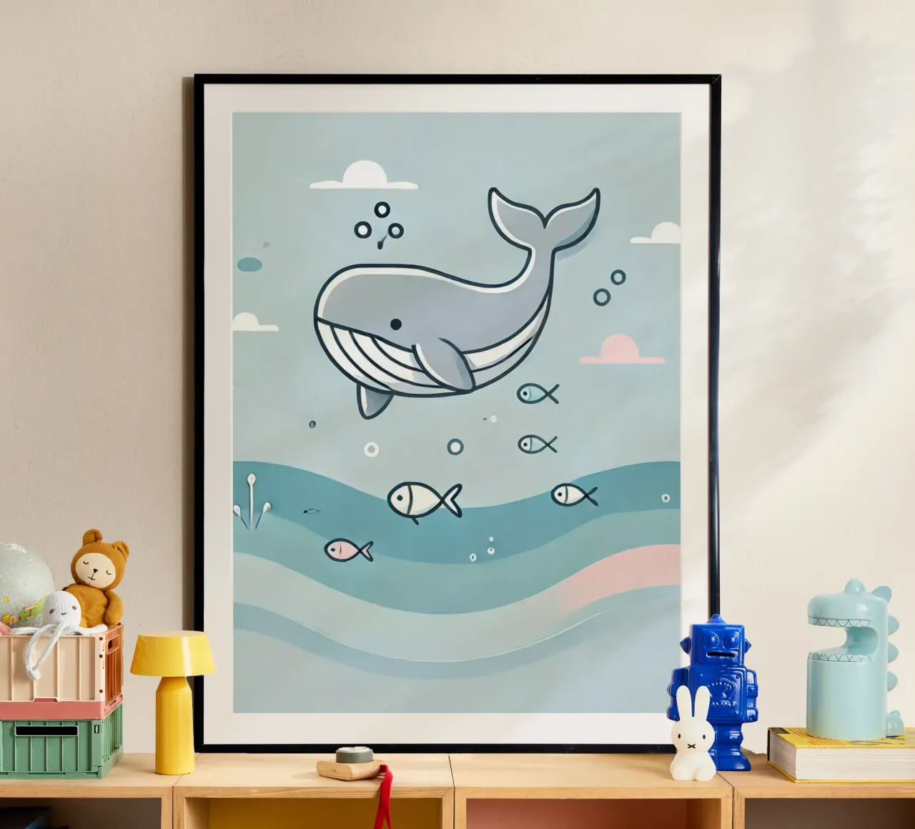 Balena giocosa sott'acqua poster con telaio in plastica da Alegria Fantasia