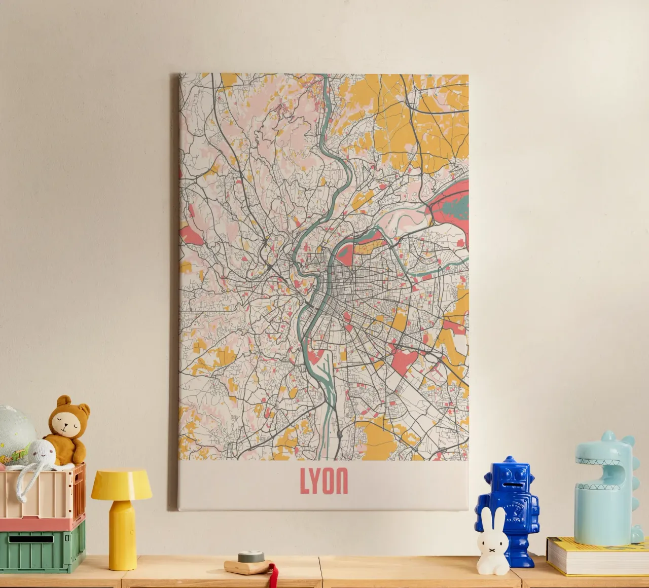 Fall in love with Lyon, your city map as wall art canvas with Floater frame by MOOODZART