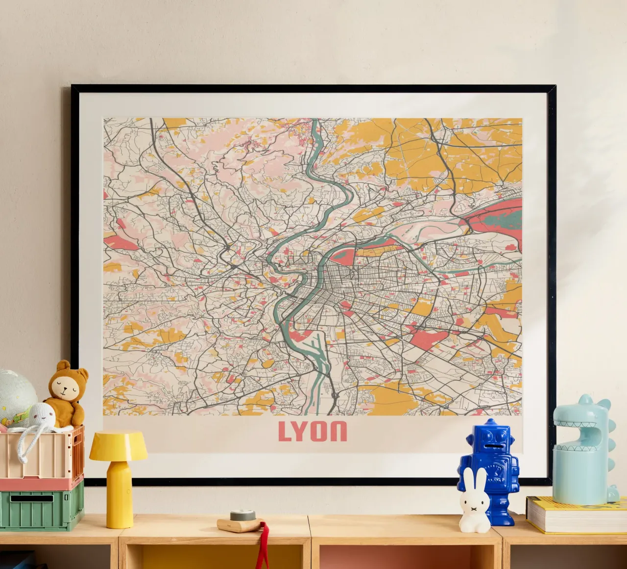 Innamorarsi di Lione, la mappa della città come arte da parete poster da MOOODZART