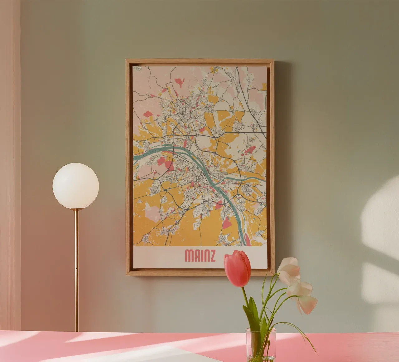 Beleef Mainz - Elegante stadsplattegrond in een modern ontwerp canvas met Baklijst van MOOODZART