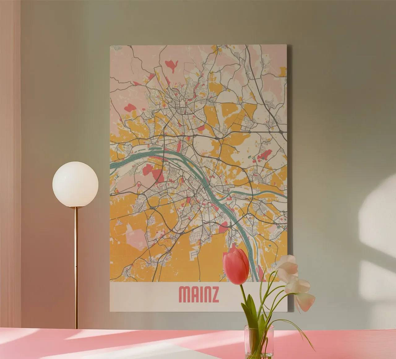 Beleef Mainz - Elegante stadsplattegrond in een modern ontwerp canvas met Baklijst van MOOODZART