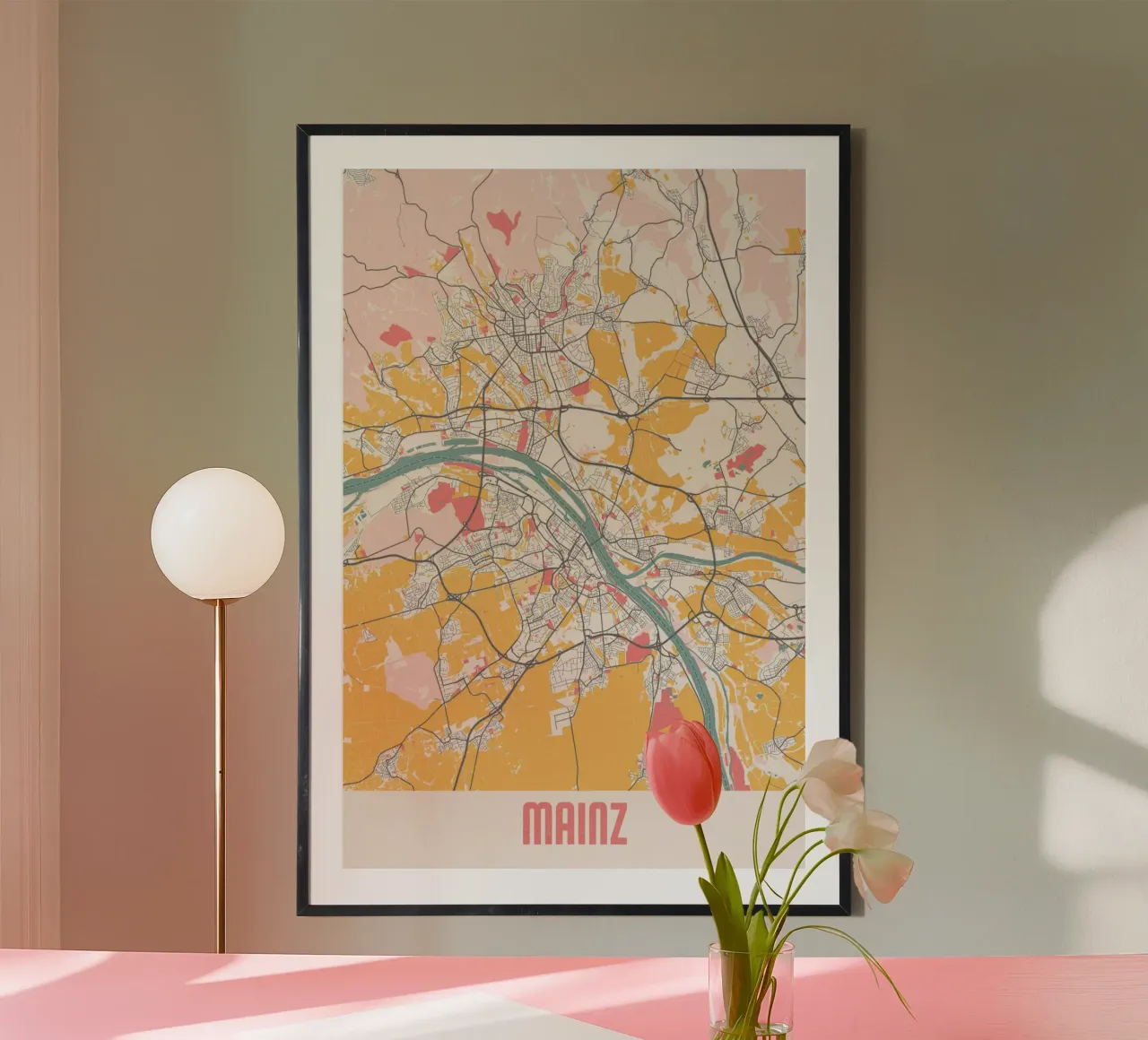 Esperienza di Magonza - Elegante mappa della città dal design moderno poster con telaio in legno da MOOODZART