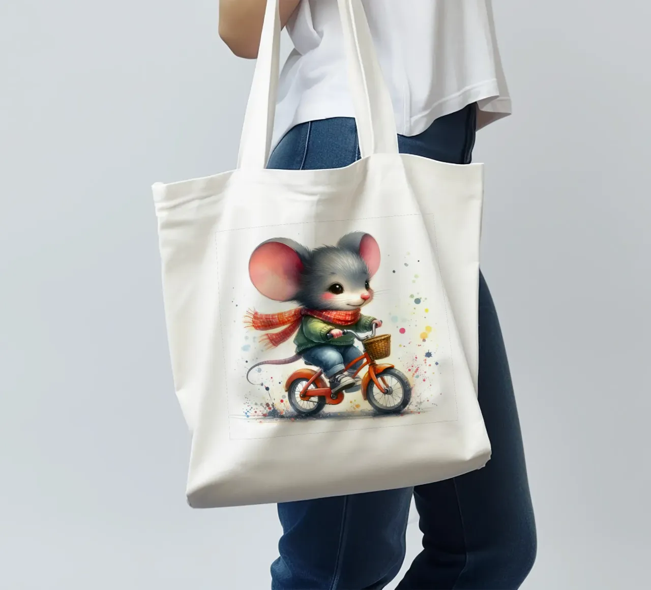 Mouse on a bicycle tote bag by 🎁 ARTVI-SHOP