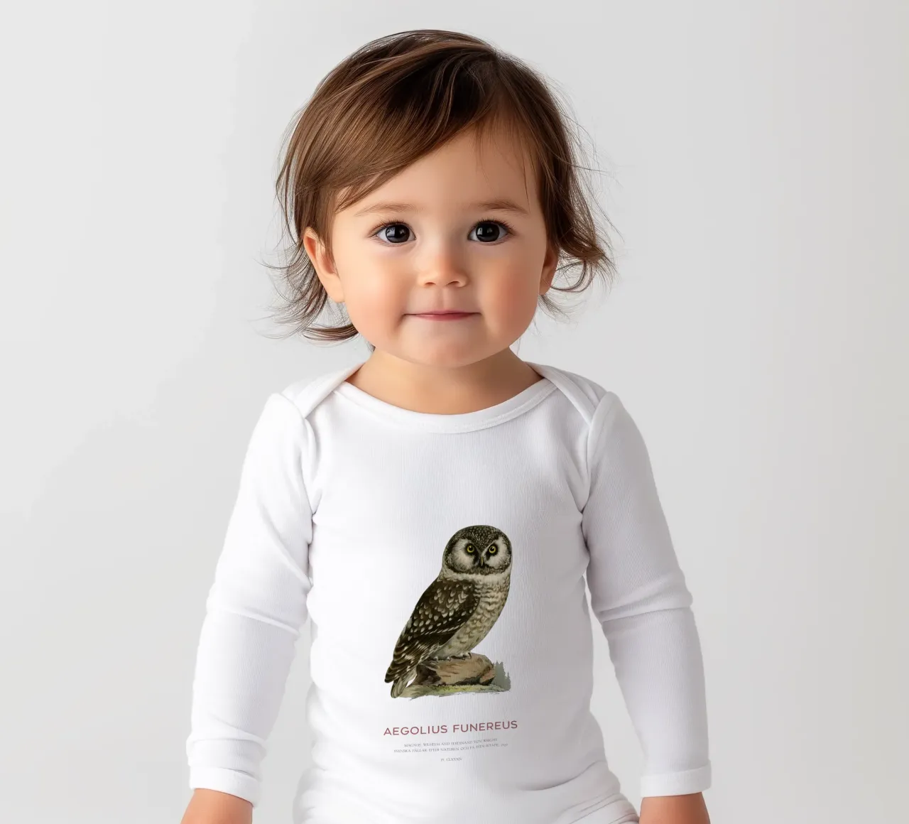 Boreal owl or Aegolius funereus long-sleeve baby romper by Vintagrafica