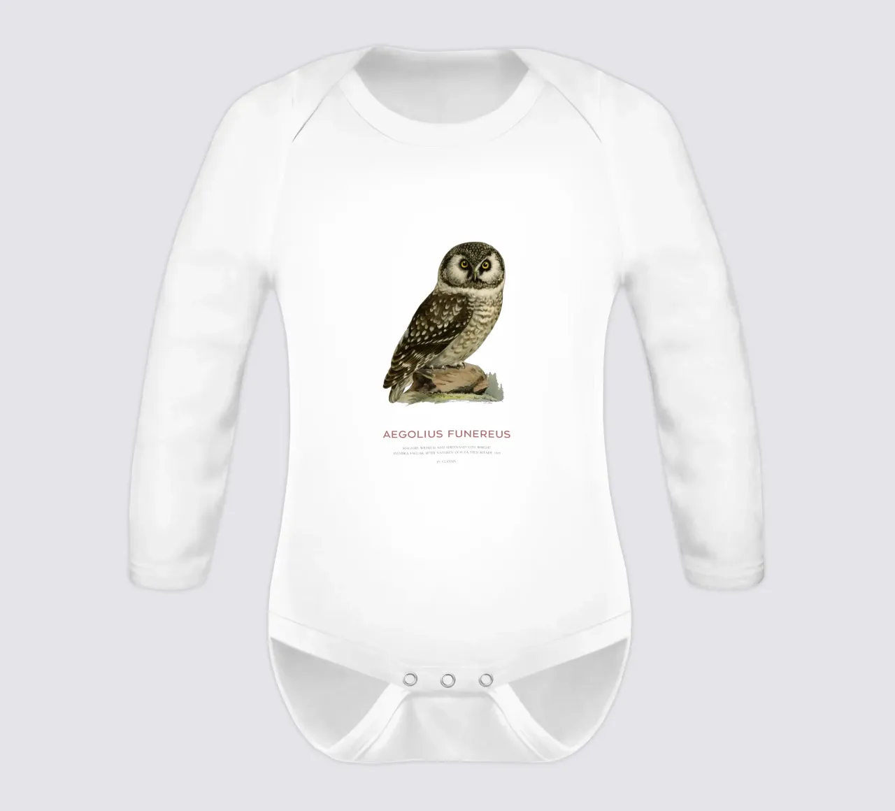 Boreal owl or Aegolius funereus long-sleeve baby romper by Vintagrafica