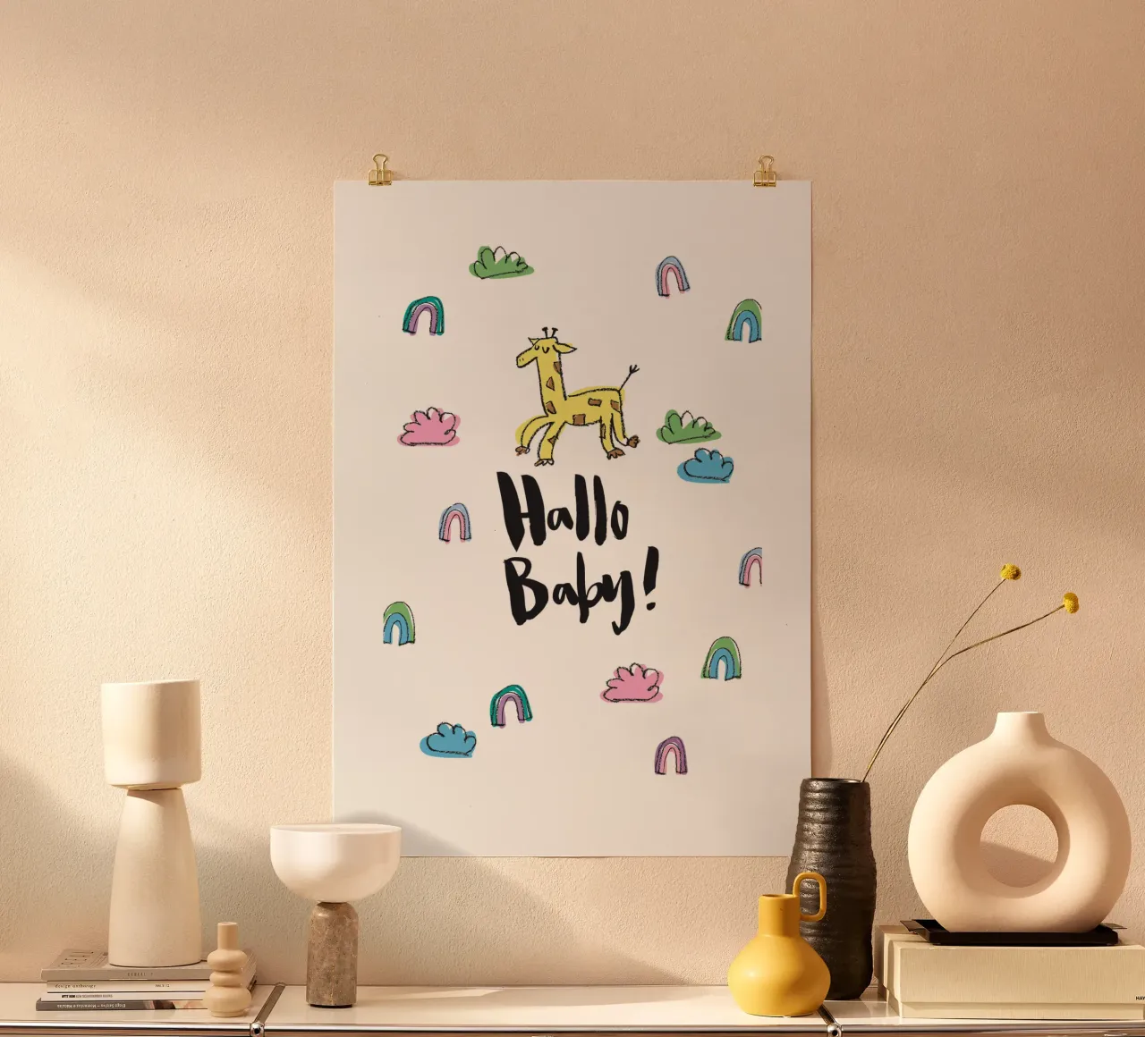 Hallo Baby (bunt) poster with wooden frame by Brushmeetspaper