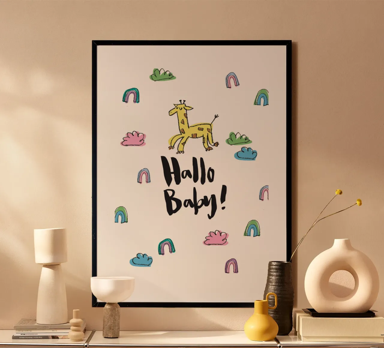 Hallo Baby (bunt) poster with wooden frame by Brushmeetspaper