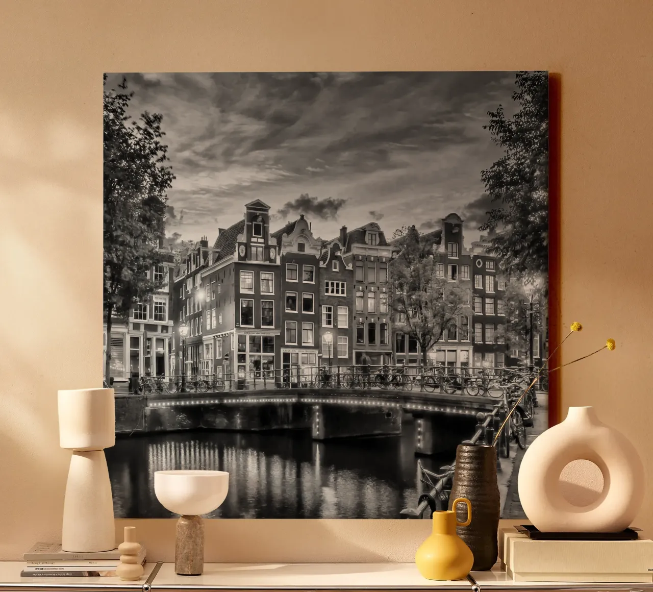 AMSTERDAM Evening idyll on the Singel | Monochrom canvas with Floater frame by Melanie Viola
