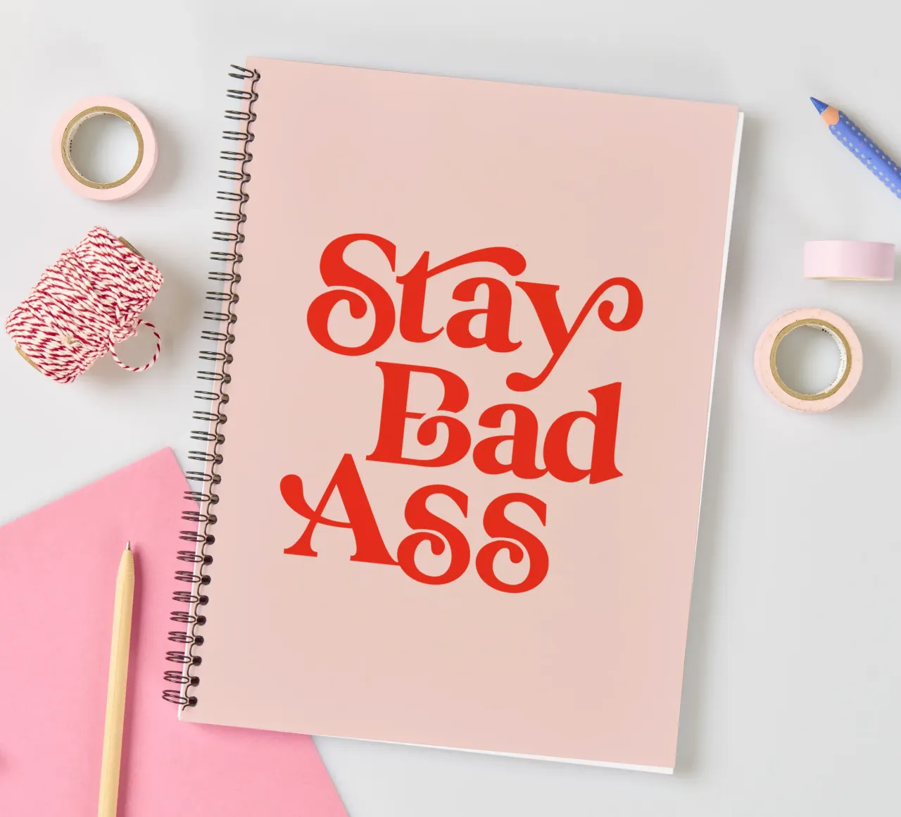 Stay Bad Ass Typography Design in Pink and Red spiral notebook by THE MOTIVATED TYPE