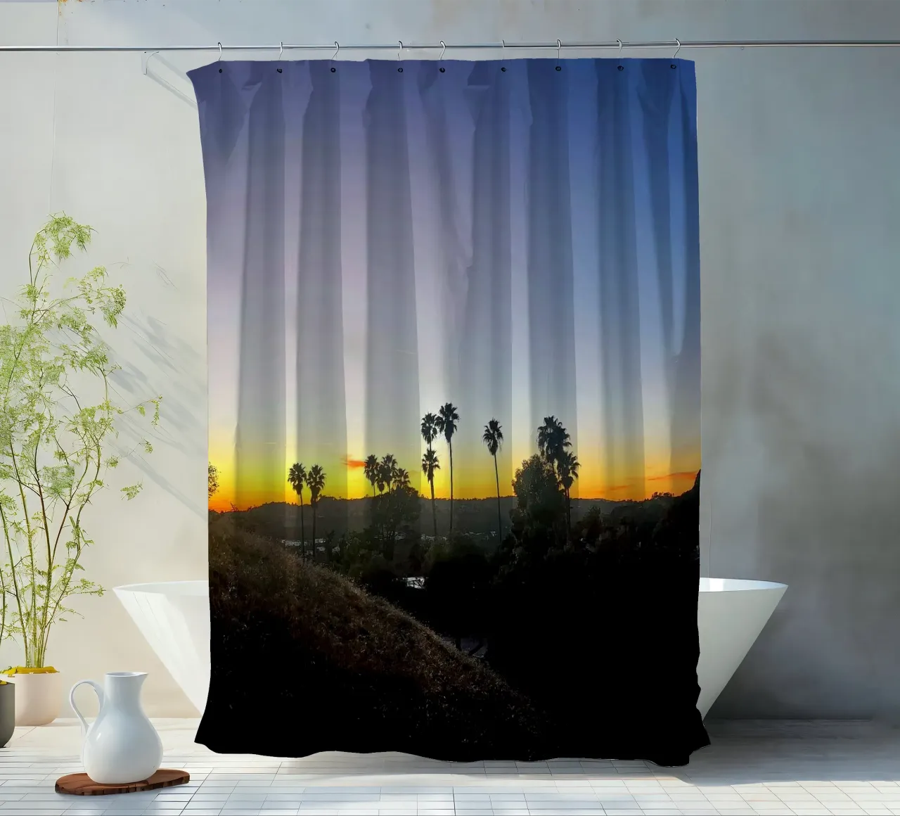 palm in los angeles shower curtain by Reiselust