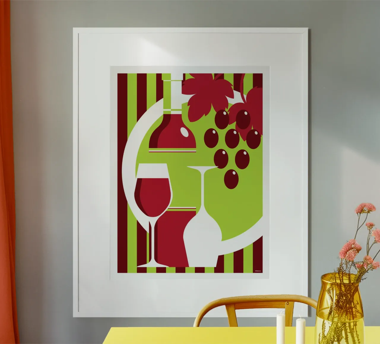 Bottiglia e bicchiere di vino rosso poster con telaio in legno da Raphaël Delerue