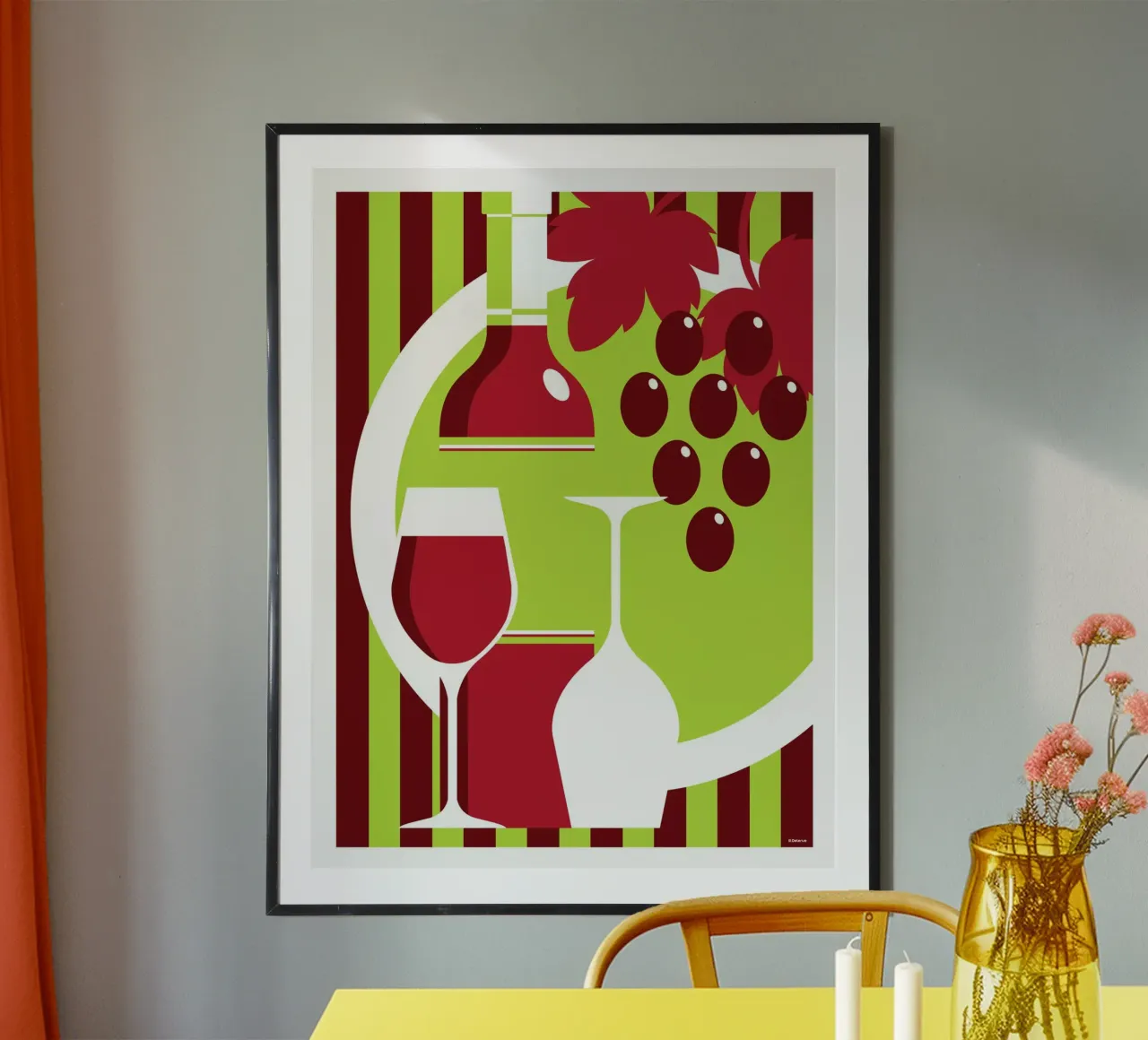 Bottiglia e bicchiere di vino rosso poster con telaio in legno da Raphaël Delerue