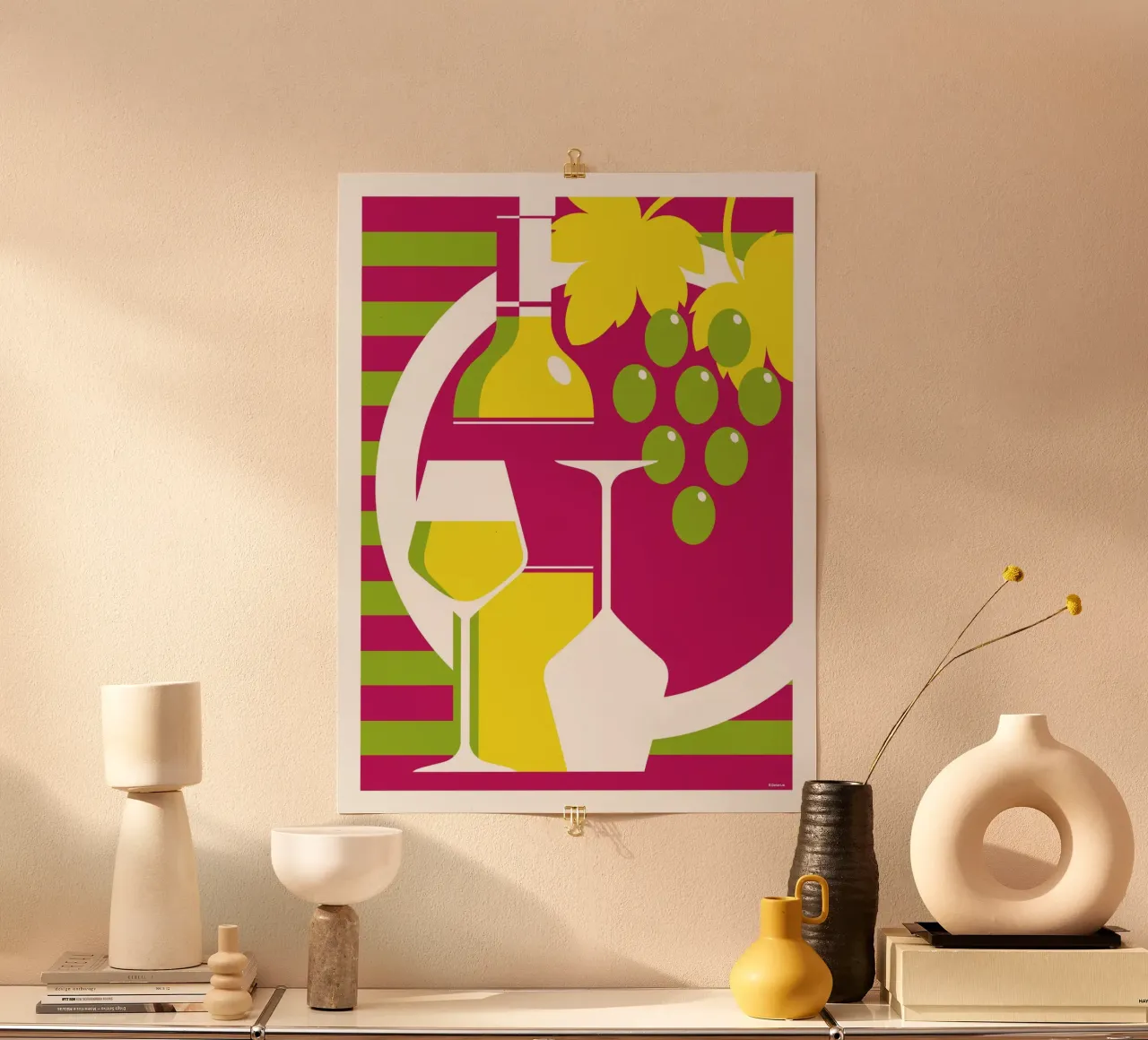 Bottiglia e bicchiere di vino bianco poster con telaio in legno da Raphaël Delerue