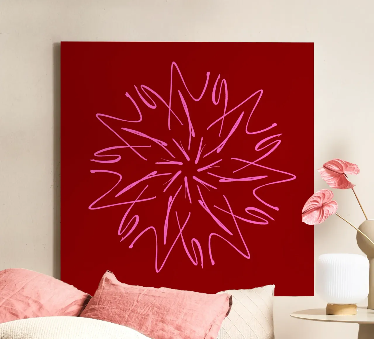Snowflake Star | Hot Pink on Dark Red canvas by sabidussi