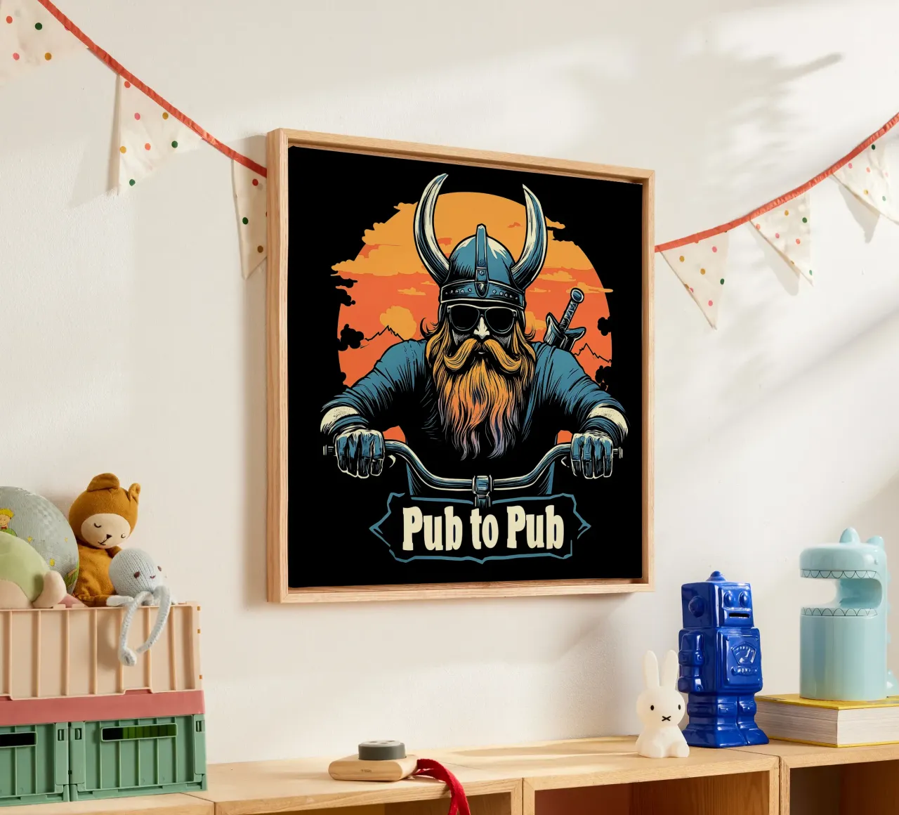 Pub to Pub - Il romanticismo vichingo incontra l'umorismo dei motociclisti tela con Cornice a cassetta da Autofocus