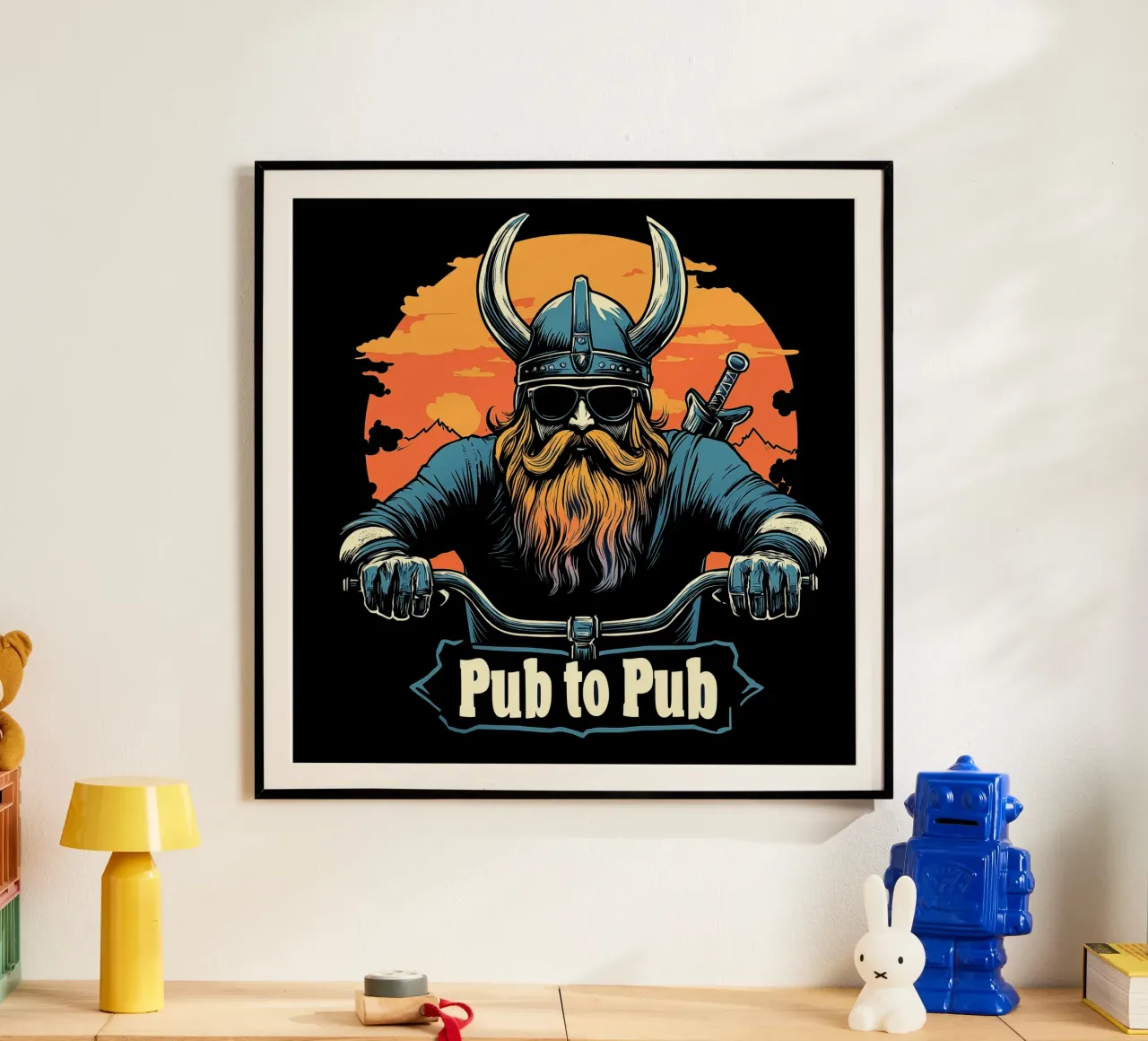 Pub to Pub - Il romanticismo vichingo incontra l'umorismo dei motociclisti poster con telaio in plastica da Autofocus