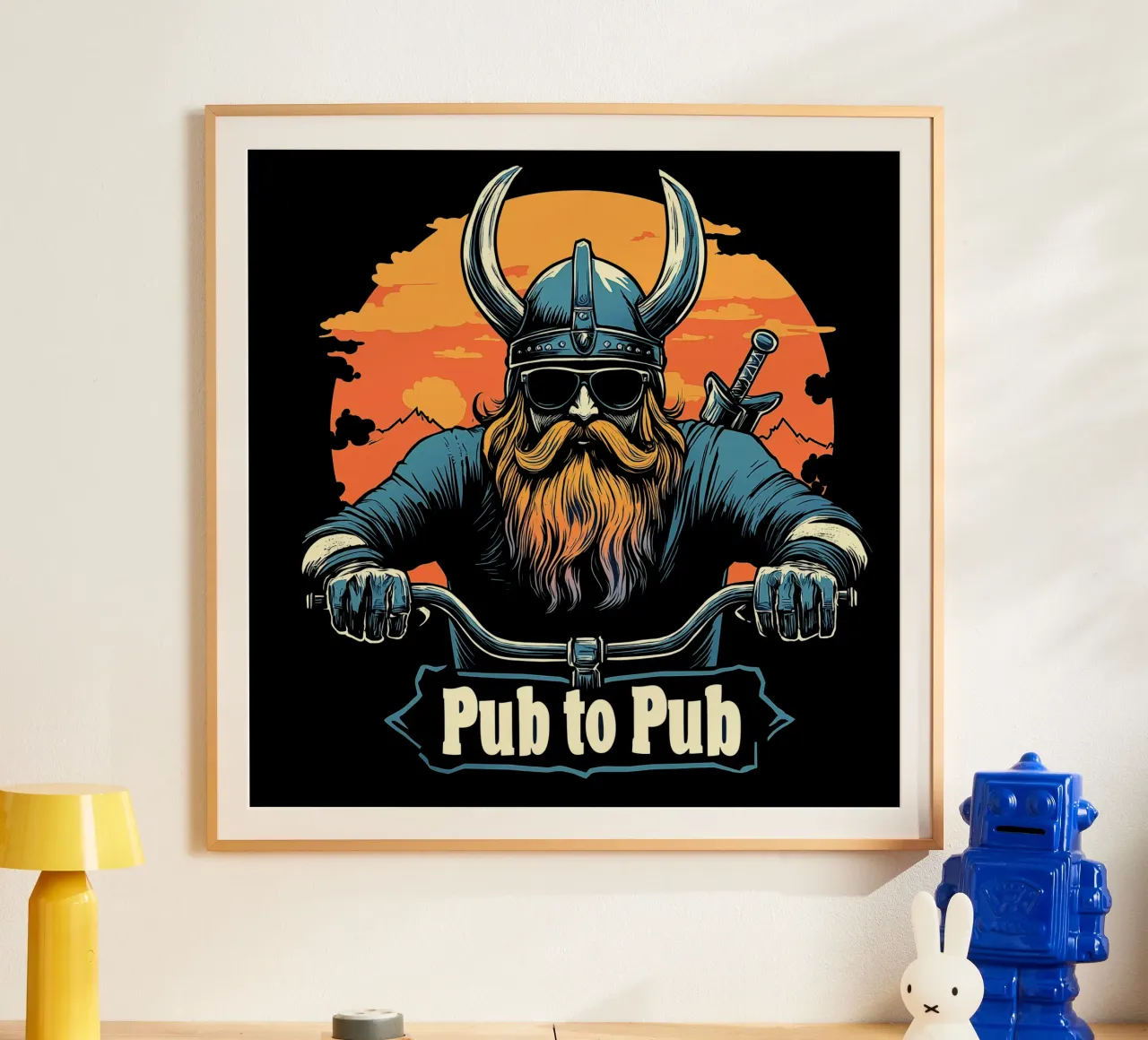 Pub to Pub - Il romanticismo vichingo incontra l'umorismo dei motociclisti poster con telaio in plastica da Autofocus