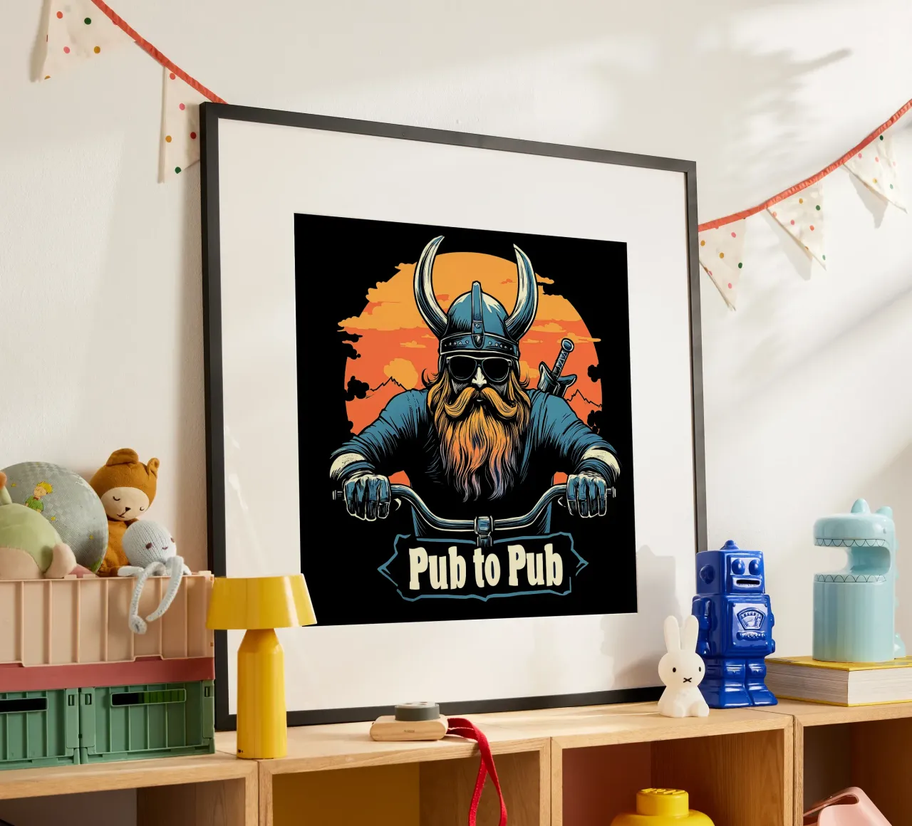 Pub to Pub - Il romanticismo vichingo incontra l'umorismo dei motociclisti poster con telaio in plastica da Autofocus