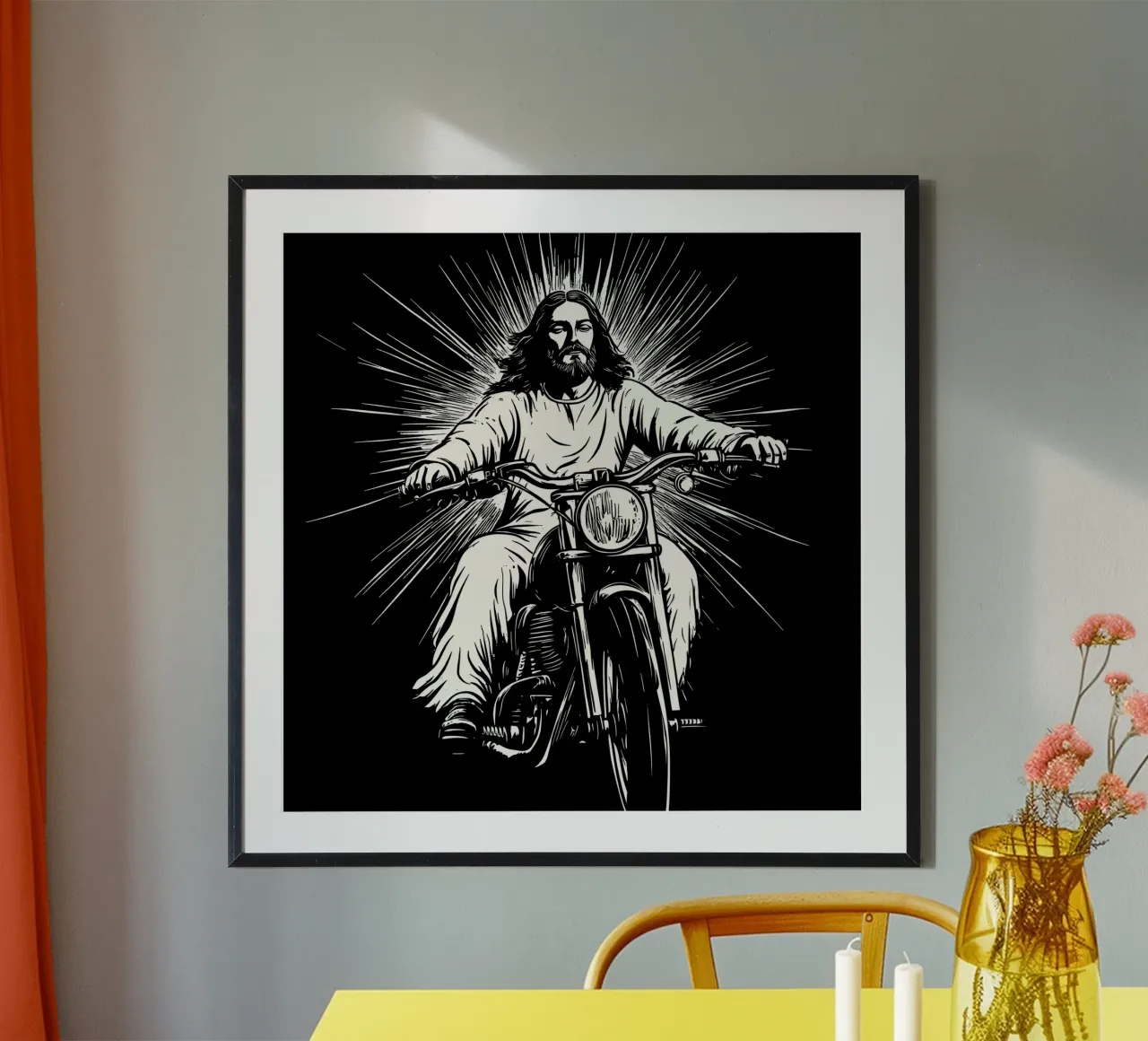 Jesus as a biker | Christian iconography & biker rebellion poster with plastic frame by Autofocus