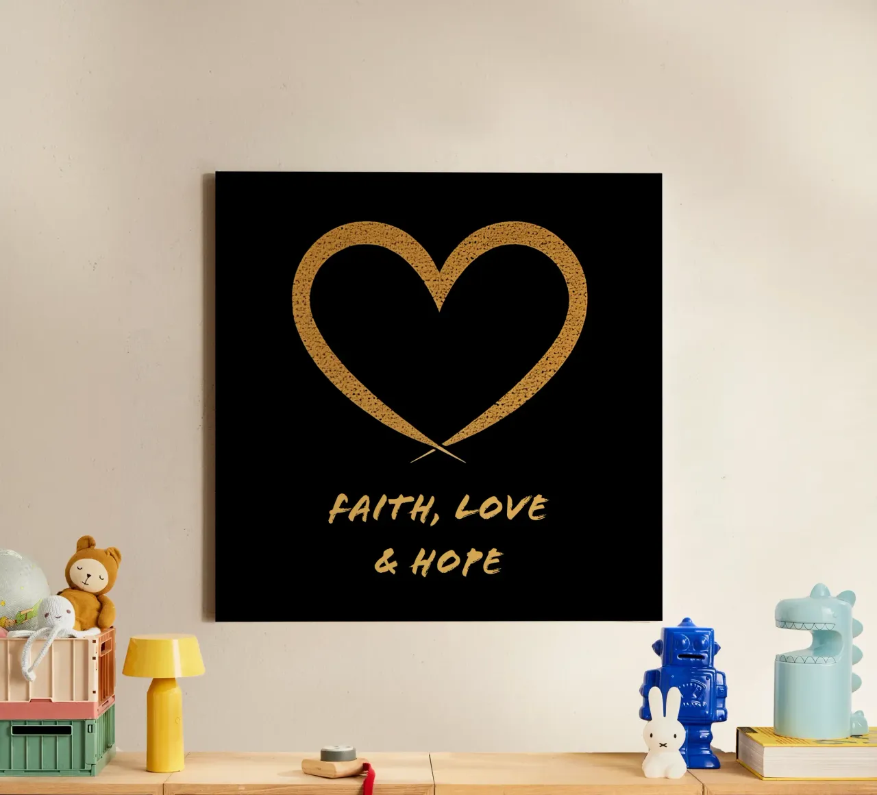 Golden faith-love-hope heart and calligraphy canvas by Autofocus