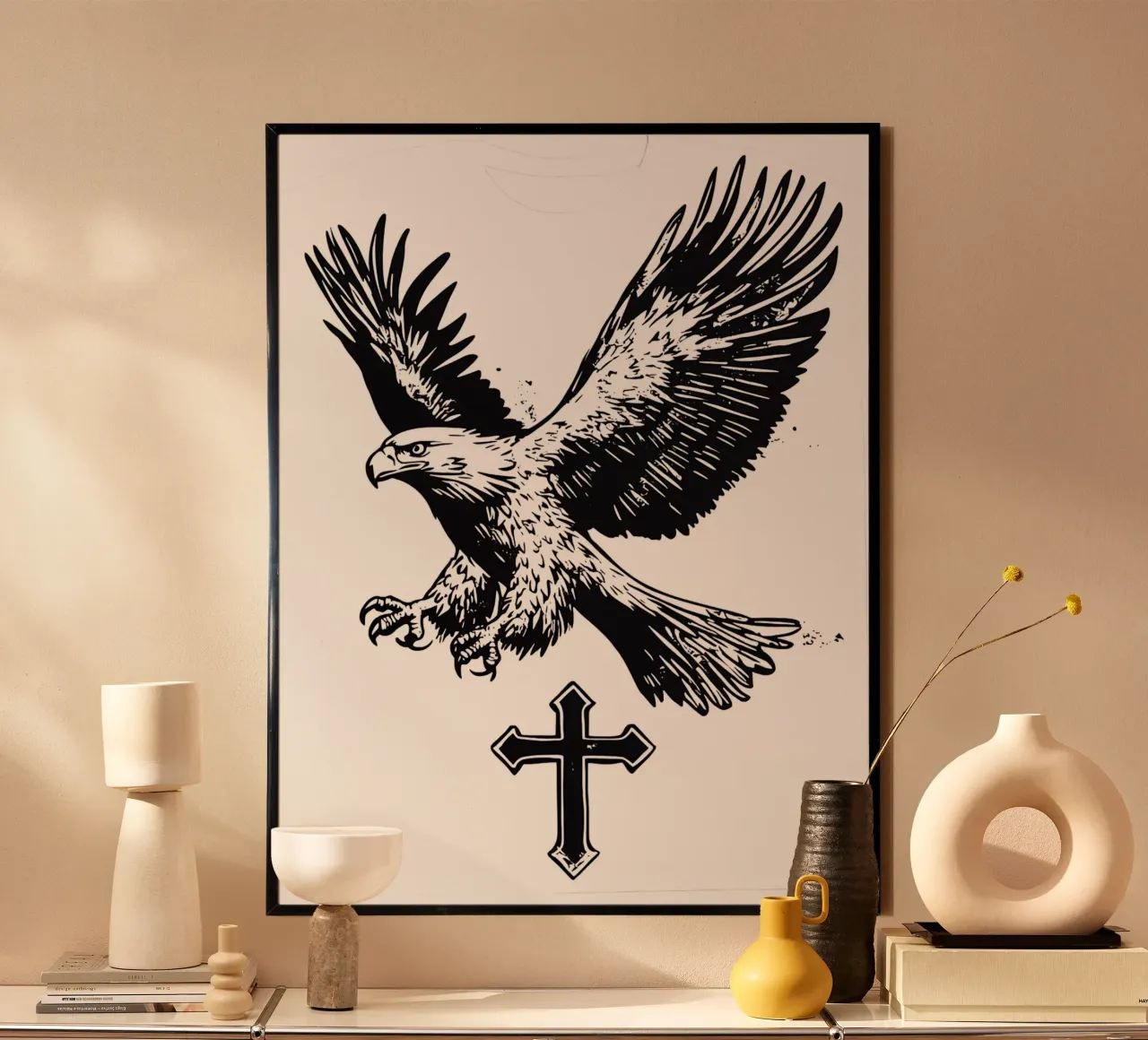 Aquila e croce | Fede poster con telaio in legno da Autofocus