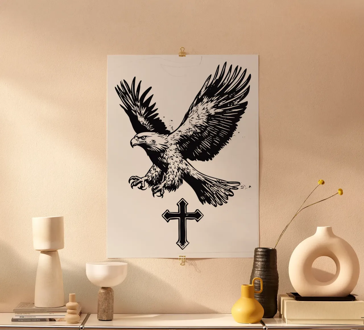 Aquila e croce | Fede poster con telaio in legno da Autofocus