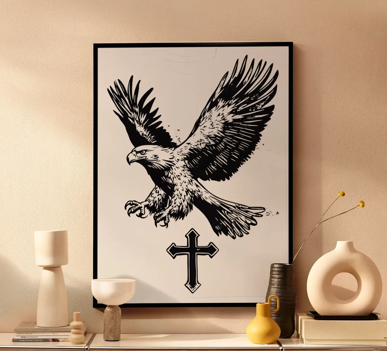 Aquila e croce | Fede poster con telaio in legno da Autofocus