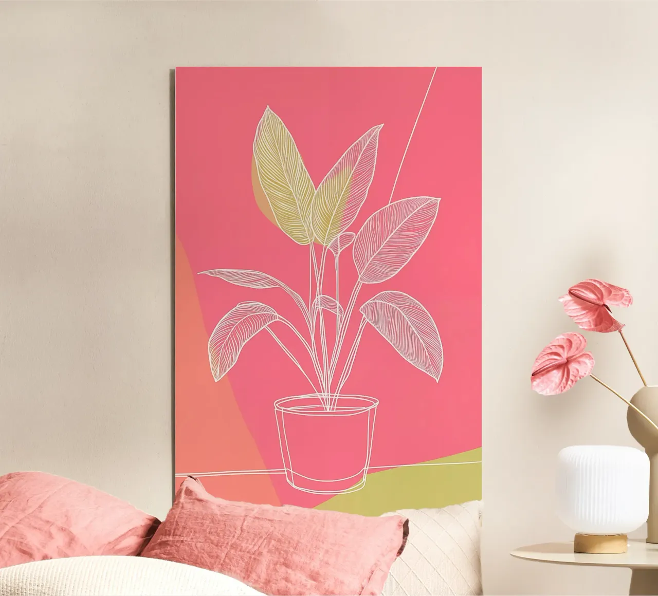 Pianta in vaso minimalista in rosa e oliva alluminio dibond da Autofocus