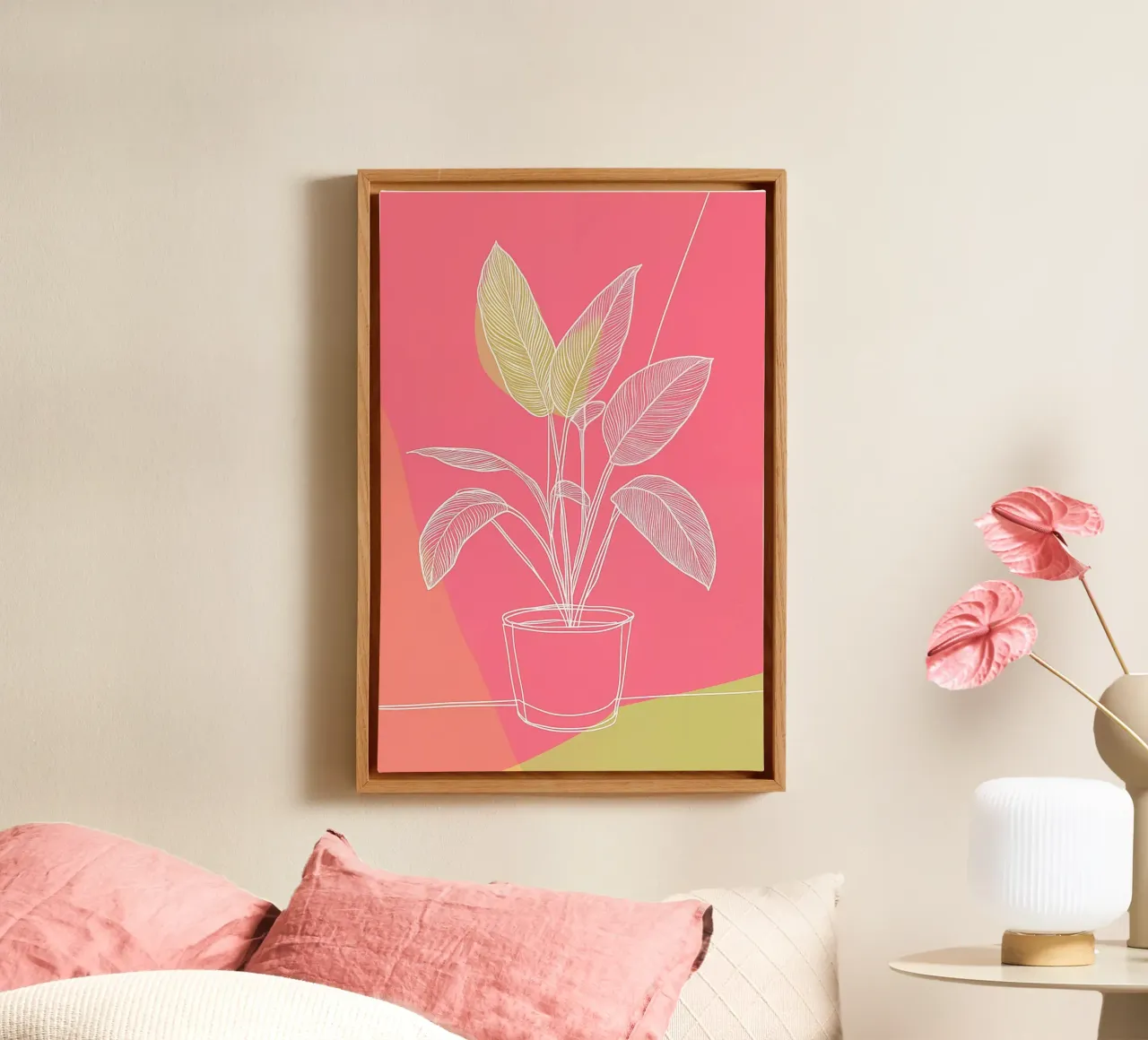 Pianta in vaso minimalista in rosa e oliva tela con Cornice a cassetta da Autofocus
