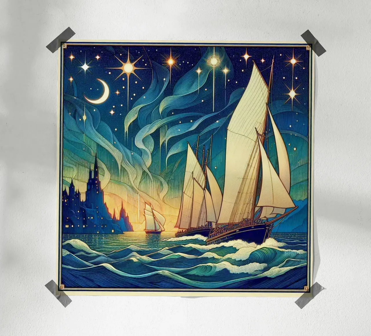 Sailing north poster con telaio in legno da Art-Nouveau-Dsg