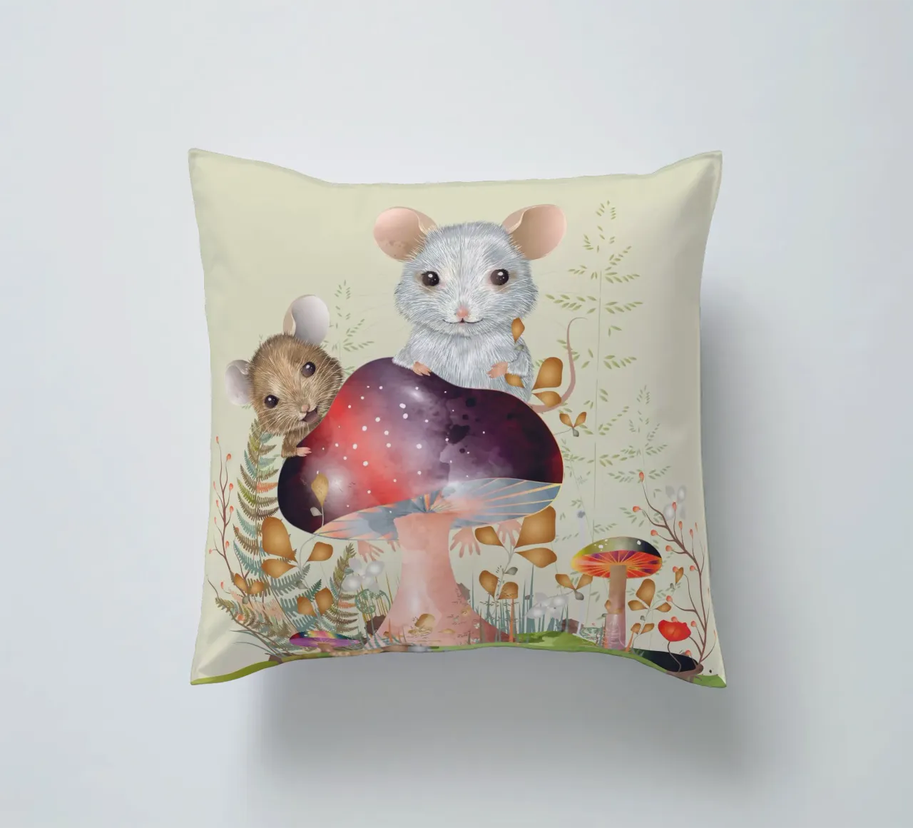Mice in the enchanted forest - imaginative and playful decorative cushion by kisho art