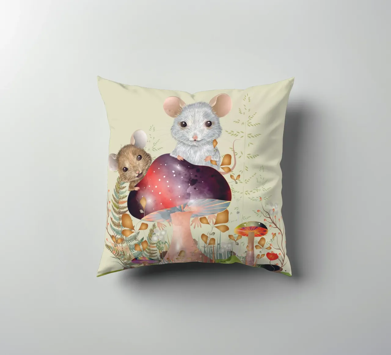 Mice in the enchanted forest - imaginative and playful decorative cushion by kisho art
