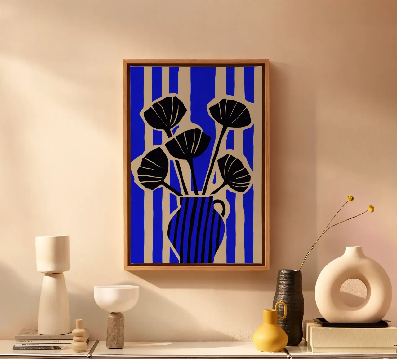 Striped Still Life (Blue) tela con Cornice a cassetta da treechild