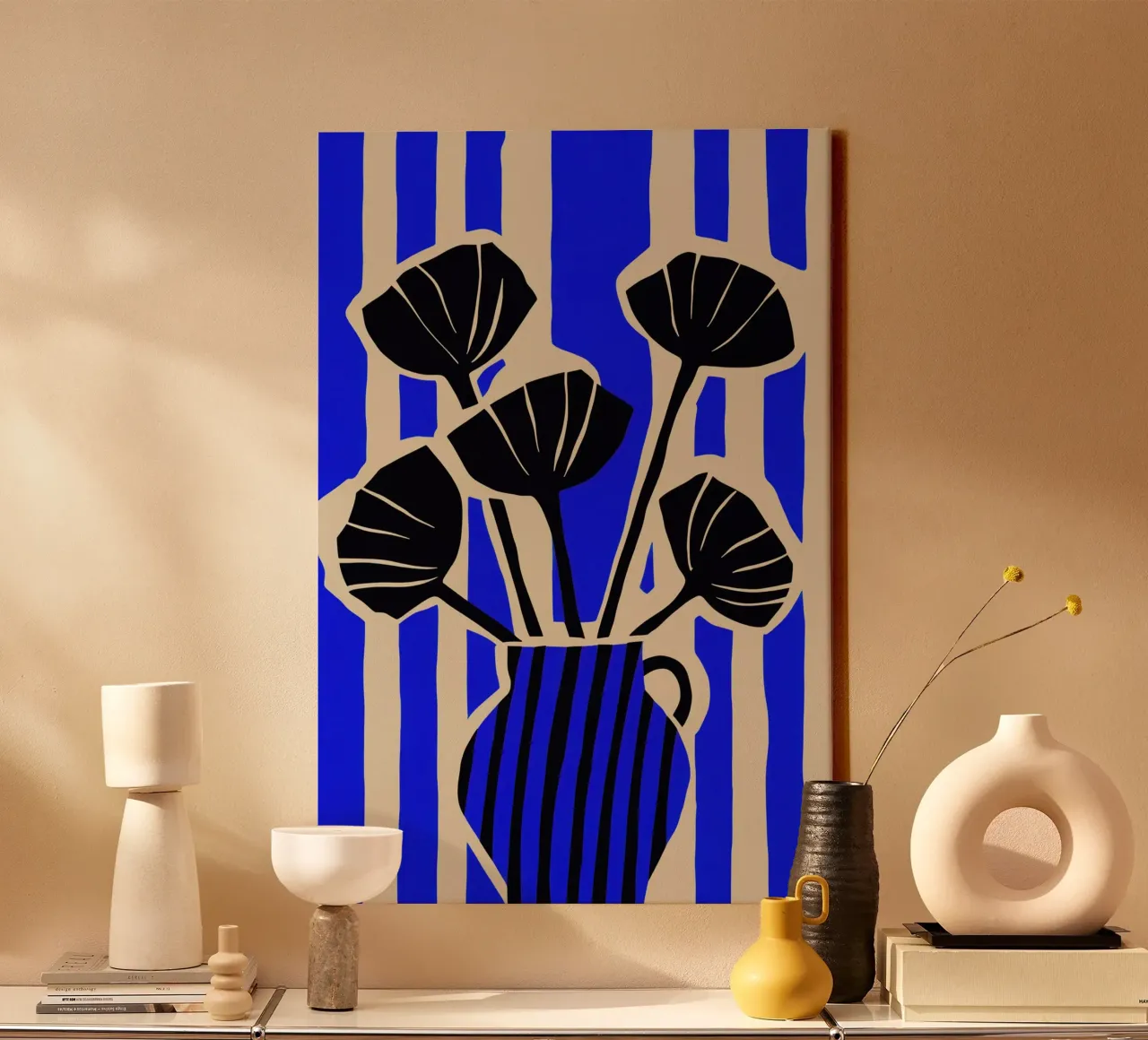 Striped Still Life (Blue) tela con Cornice a cassetta da treechild