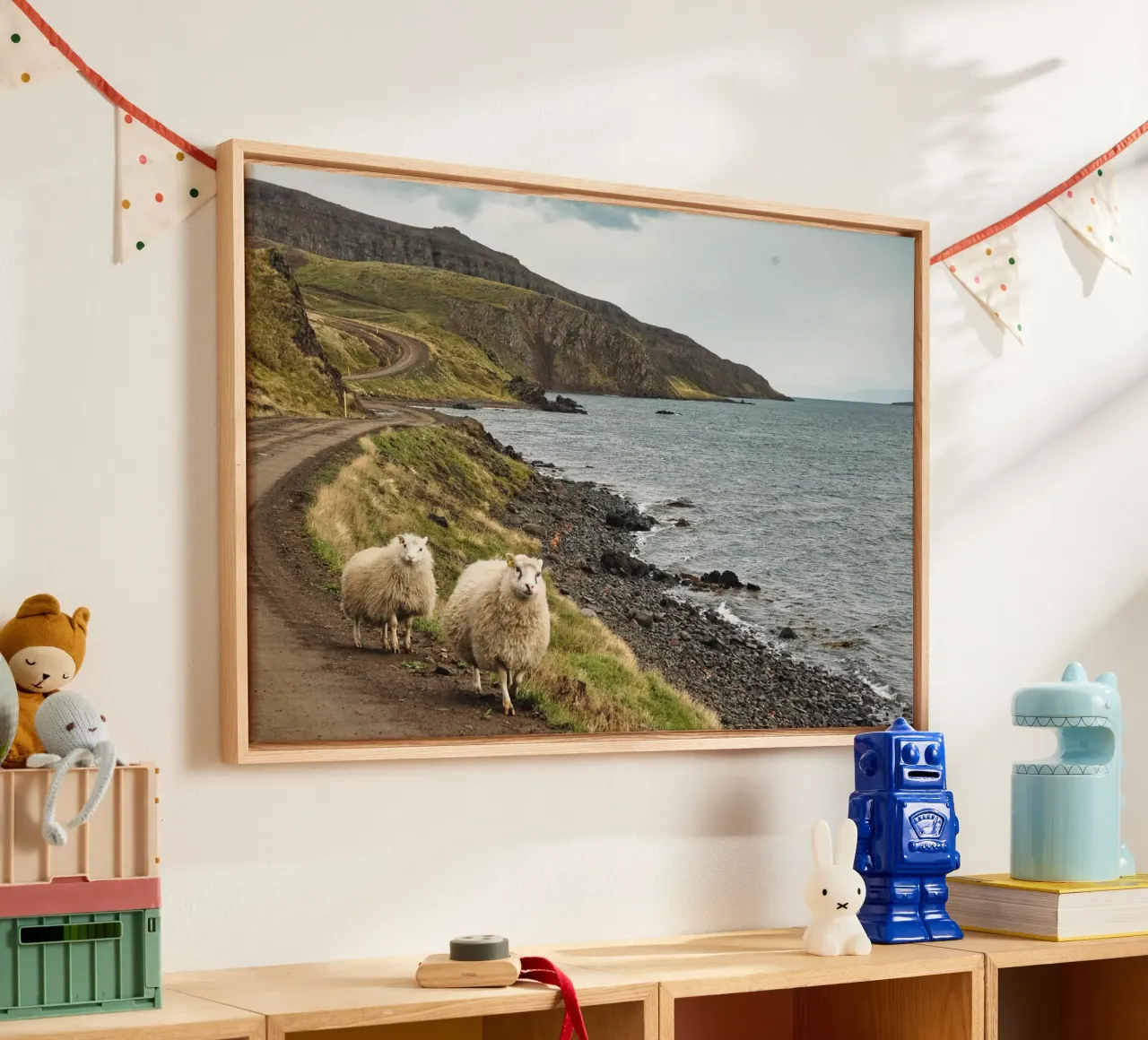 Icelandic Scene with Sheep and Fjord – Nature Photography canvas with Floater frame by Ben & Clo creations