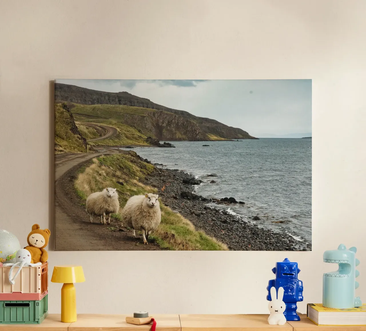 Icelandic Scene with Sheep and Fjord – Nature Photography canvas with Floater frame by Ben & Clo creations
