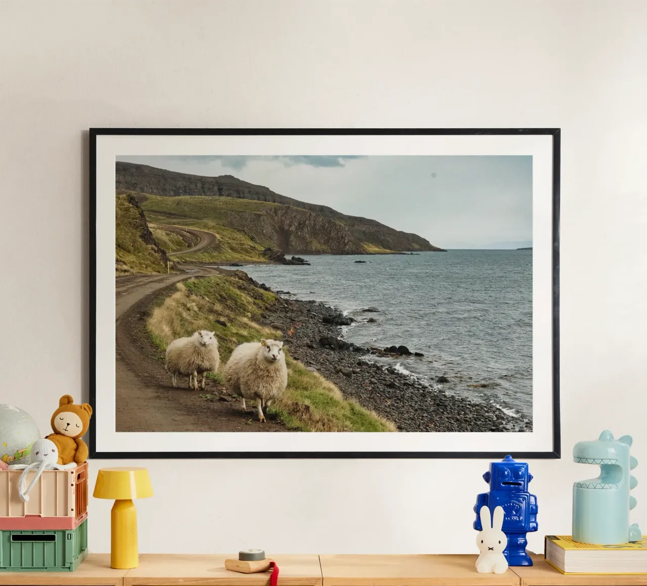 Icelandic Scene with Sheep and Fjord – Nature Photography poster by Ben & Clo creations