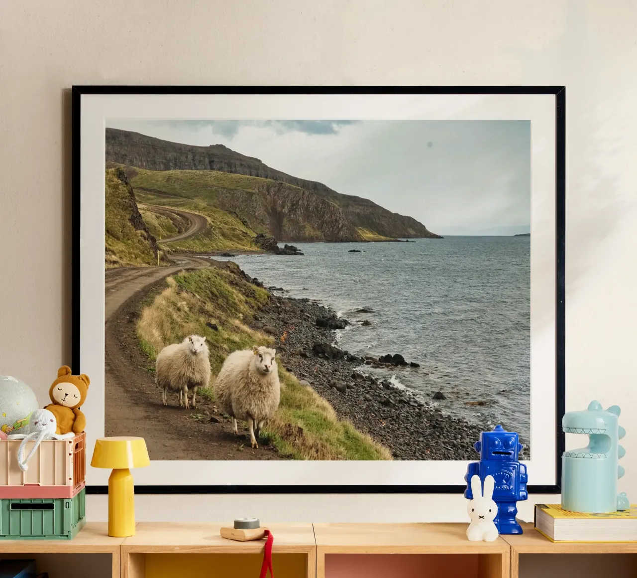 Icelandic Scene with Sheep and Fjord – Nature Photography poster by Ben & Clo creations