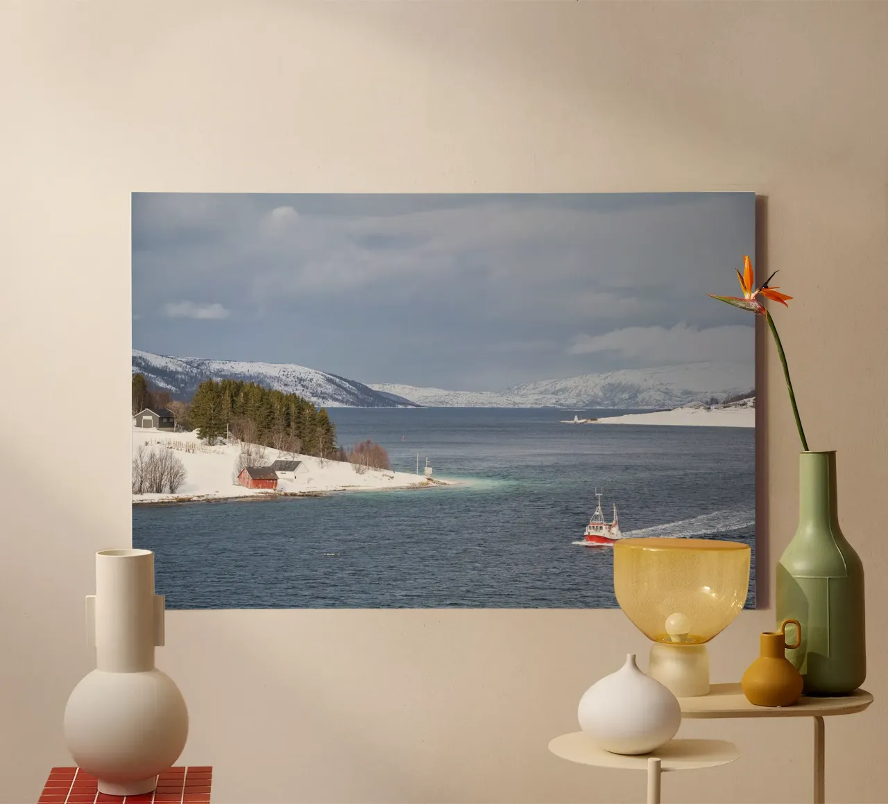 Paesaggio invernale di un fiordo norvegese - Serena bellezza innevata tela con Cornice a cassetta da Ben & Clo creations