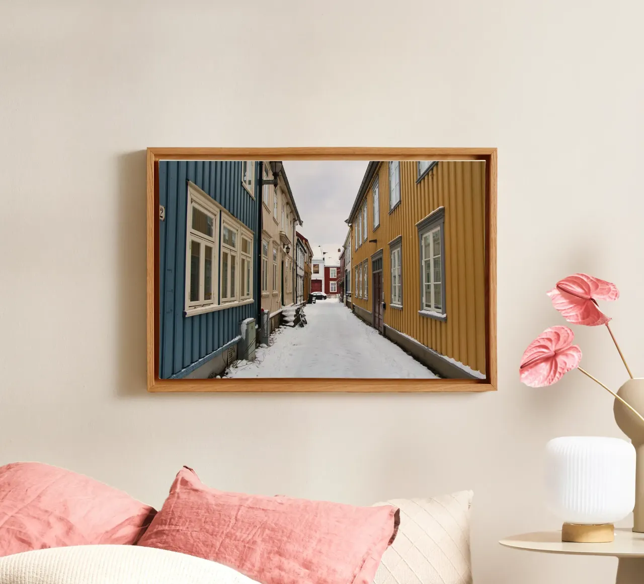 Trondheim in Winter: Colorful Alleyway Under Snow – Photo canvas with Floater frame by Ben & Clo creations