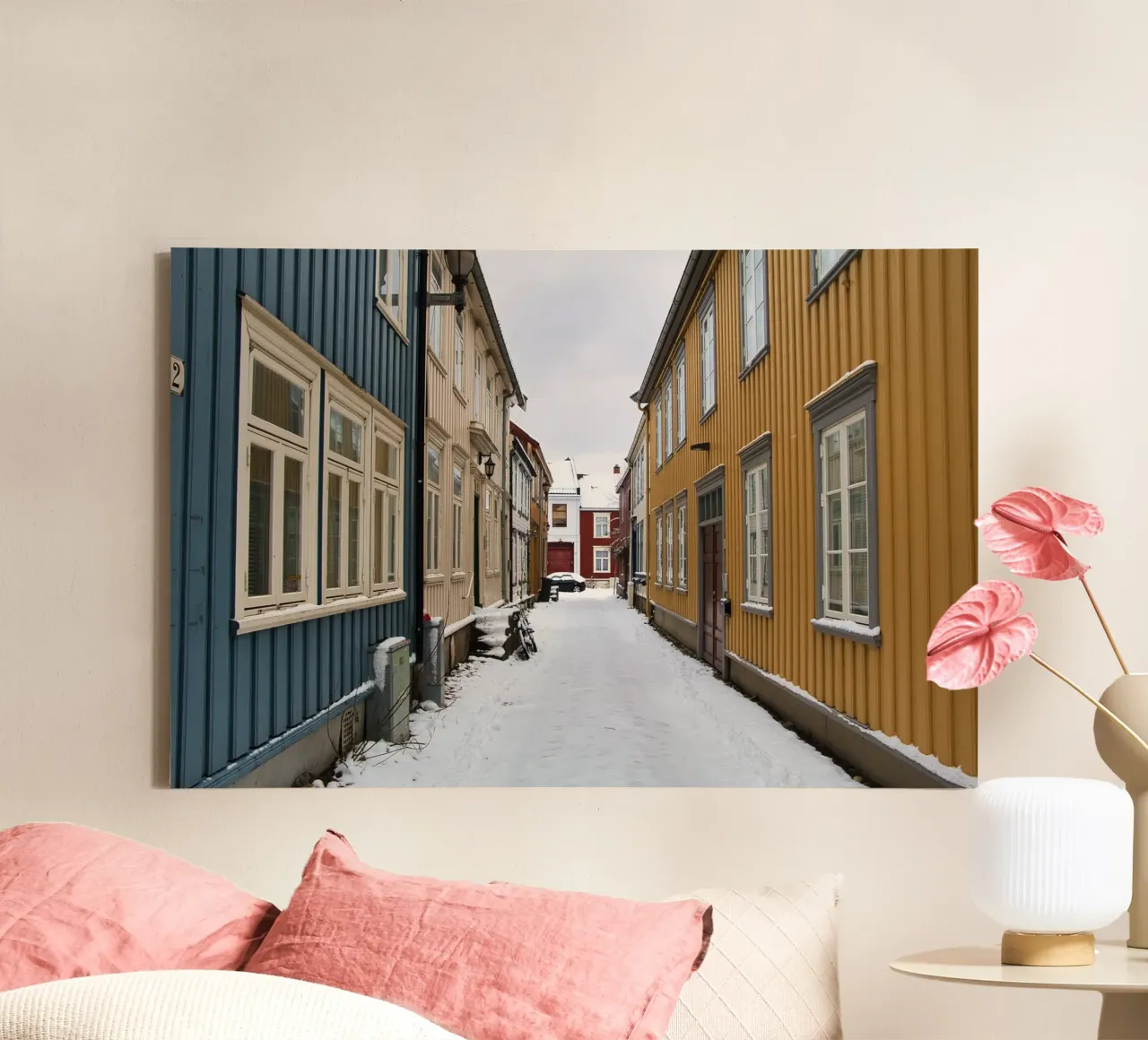 Trondheim in Winter: Colorful Alleyway Under Snow – Photo canvas with Floater frame by Ben & Clo creations