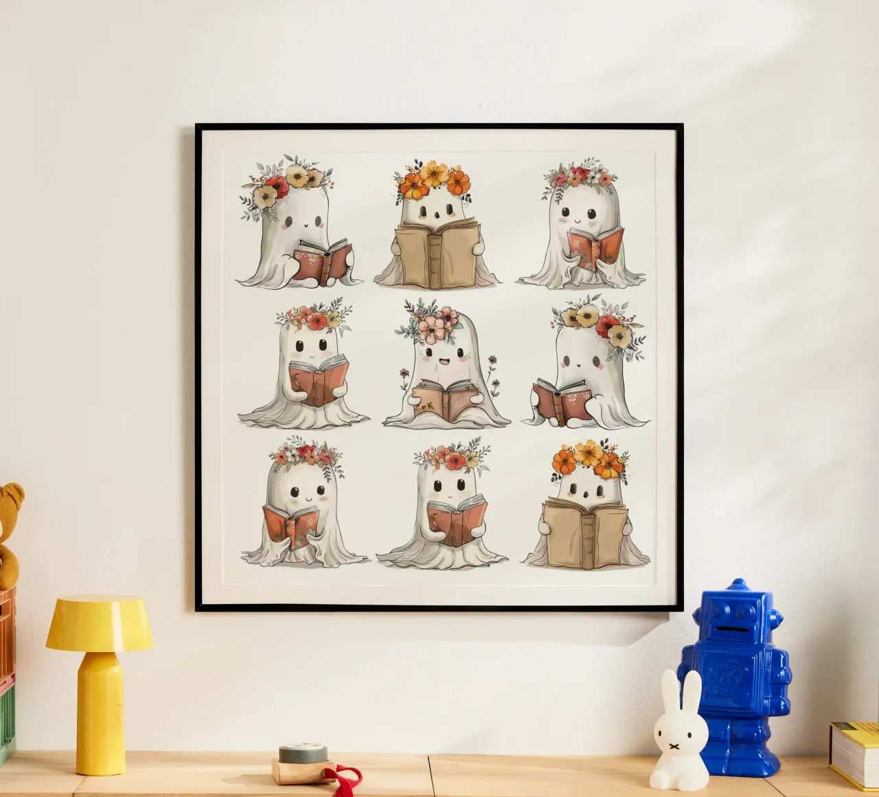 Mignons petits fantômes tenant des livres - Lecture d'Halloween poster avec cadre en bois de Wunderbarwir